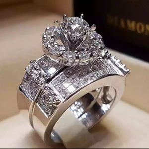 New Luxury 925 Silver 2Pc Set Round Diamond Ring